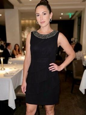 Connected Apparel Black Embellished Beaded Tiered Sheath Dress Cocktail Party 16